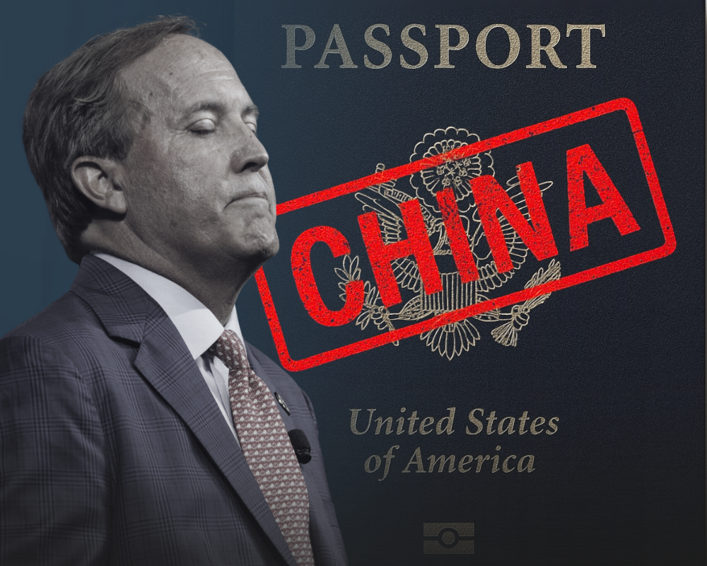 Ken Paxton beside a passport stamped China