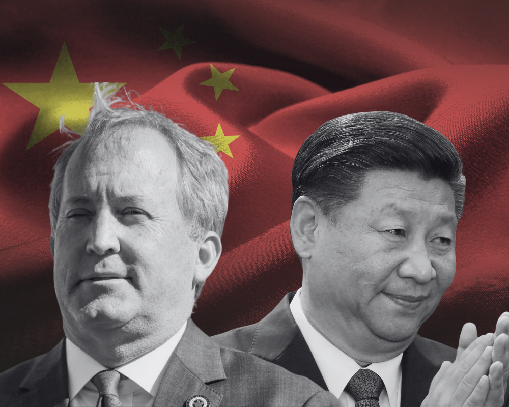 Ken Paxton and Xi Jinping in front of a Chinese flag